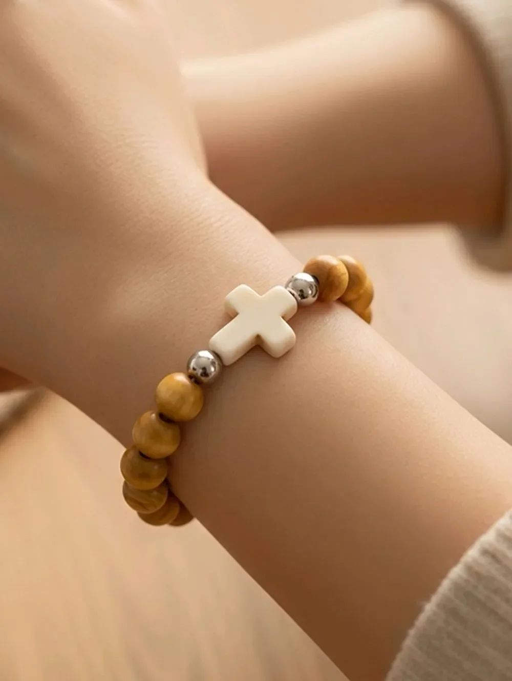 Cross Bead Bracelet Wood Beads Faith Bracelet Stretch Christian Jewelry Unisex